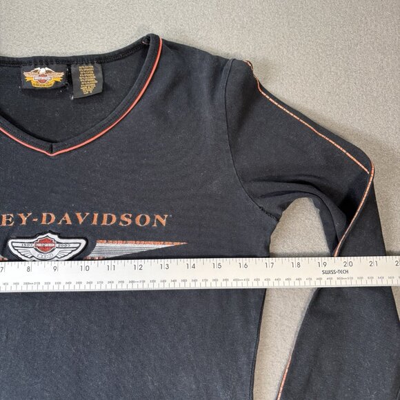 VTG 2003 Harley Davidson Black Long Sleeve T-shirt V-neck Top Womens S Biker USA - Picture 2 of 11
